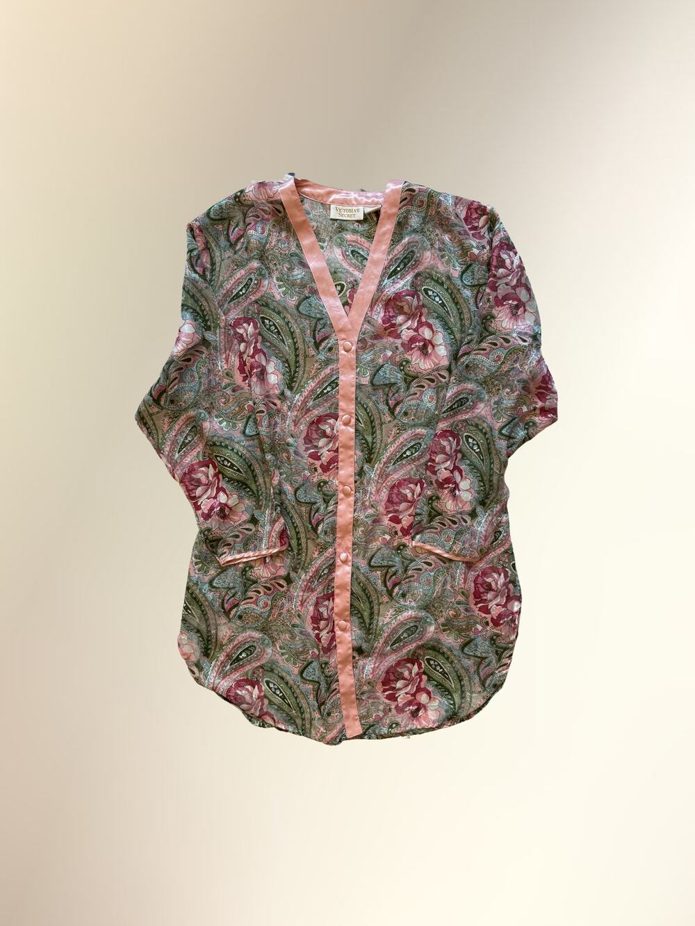 Victoria's Secret Gold Label Pink Green Paisley Floral Button Down Blouse M/L